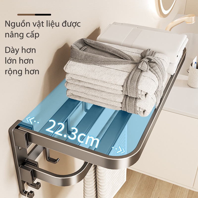 Giá Treo Khăn Nhà Tắm Dán Tường, Nhôm Hàng Không, Kèm Thanh Móc Treo Đồ, Gấp Gọn, tặng kèm keo dán tường