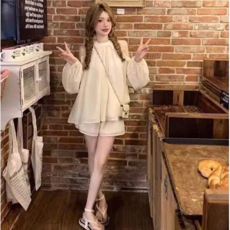Set Áo Kiểu Hở Vai Dài Tay Tiểu Thư Kèm Quần Đùi Form Rộng, Vải Tơ Ánh Kim Lót 2 Lớp - Bigsize Bs032