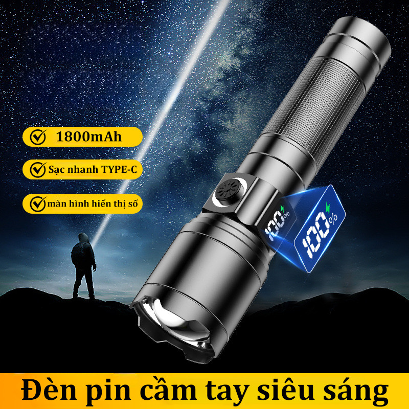 Đèn pin cầm tay siêu sáng, 1800mah pin dung lượng cao, màn hình LCD hiển thị pin, Bấc đèn nhập khẩu, Cổng Sạc TYPE-C
