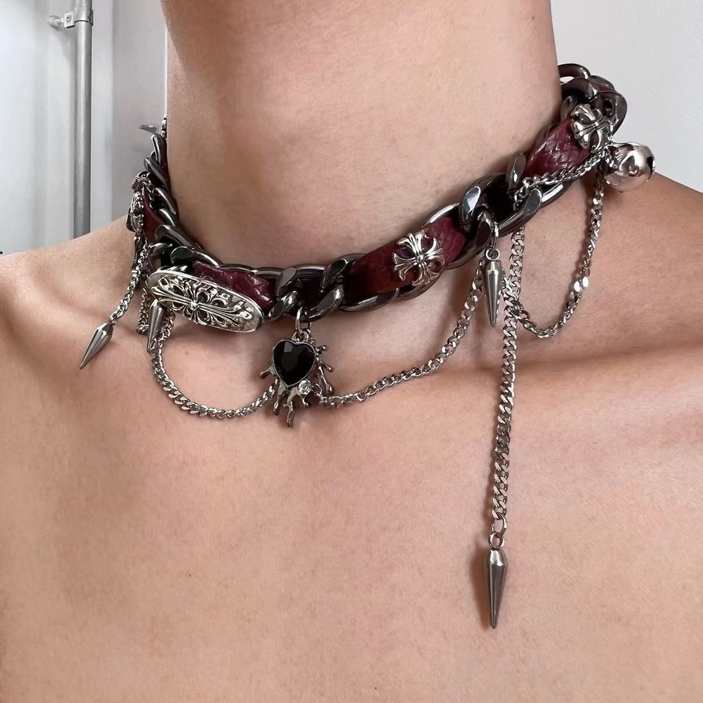 Vòng cổ choker da có đinh tán kim loại - Phong cách unisex Y2K
