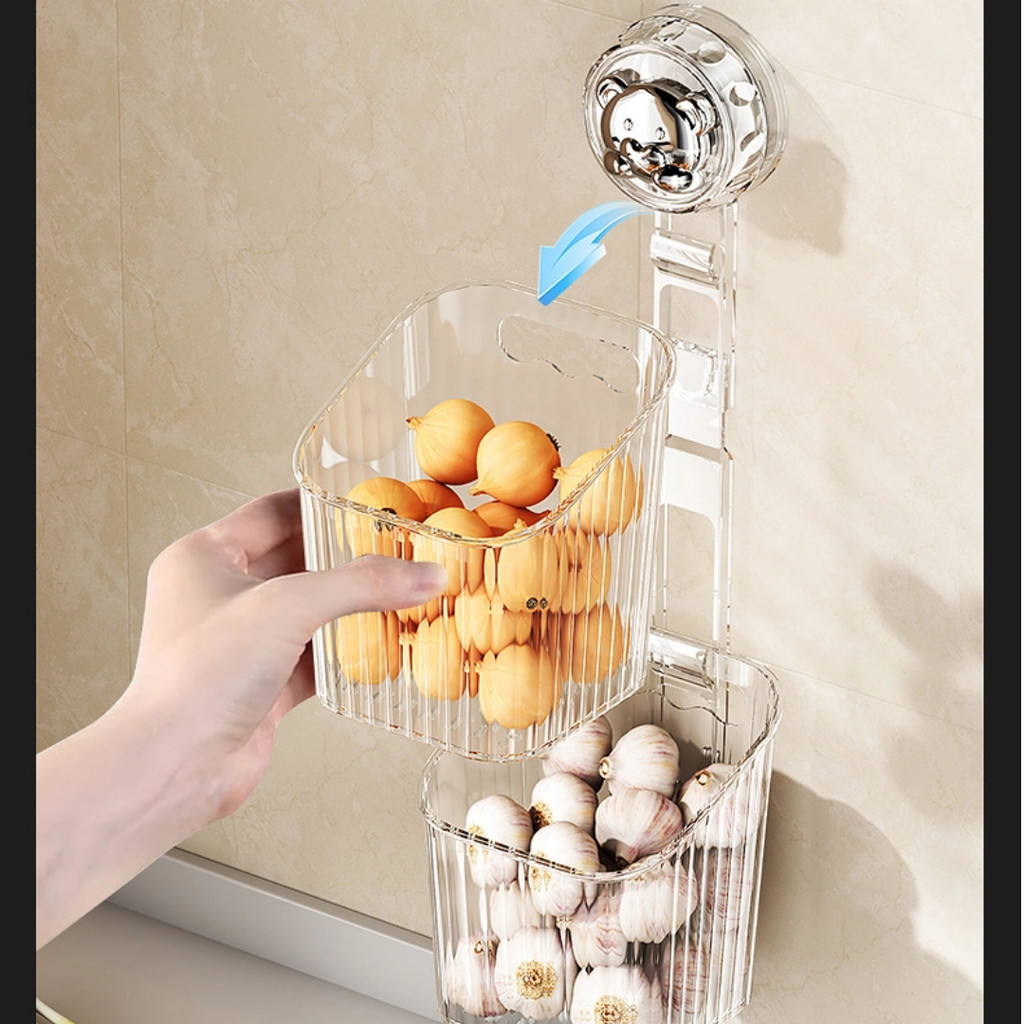Cốc Hút Đa Năng Gừng Tỏi Hộp Bảo Quản Cho Nhà Bếp Treo Tường Không Khoan Giỏ Hành Giá Thoát Nước
