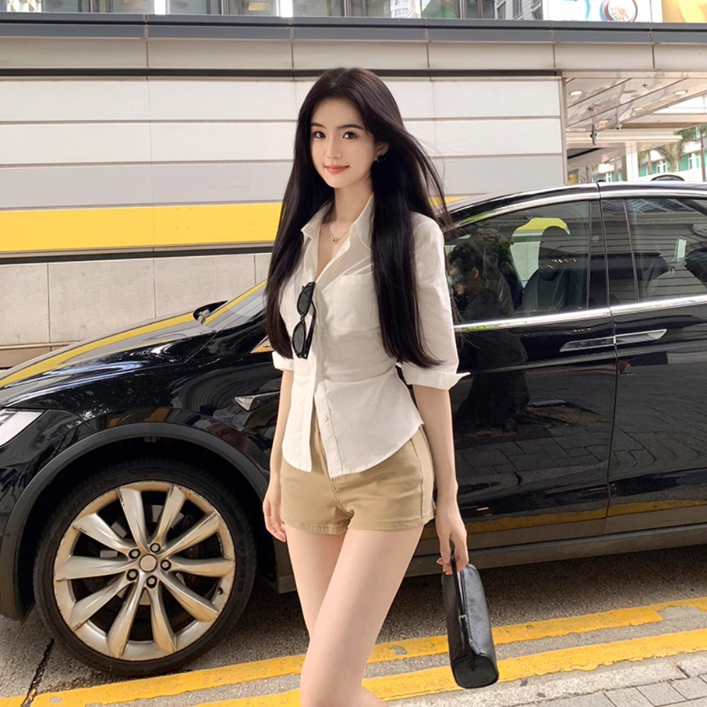Áo sơ mi polo cotton và vải lanh, màu trơn phong cách Hàn Quốc