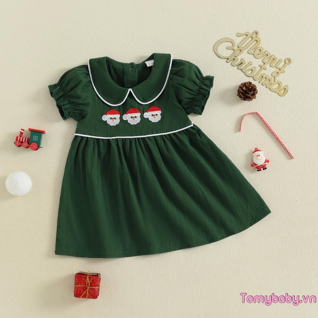 Váy Giáng Sinh Bé Gái Tay Ngắn Cổ Búp Bê Váy Thêu Ông Già Noel