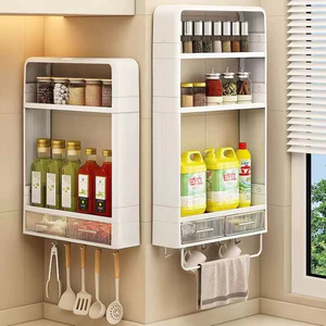 Kệ Đựng Gia Vị Nhà Bếp Treo Tường Không Khoan Đục, Kệ Để Đồ Nhà Bếp Nhà Tắm Tiện Lợi Có Móc Treo