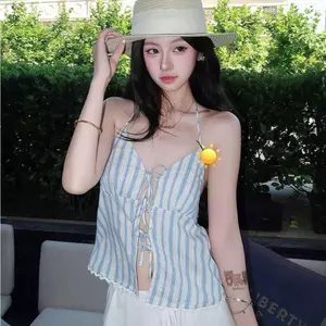 Phiên bản Hàn Quốc Áo yếm sọc phong cách kỳ nghỉ đơn giản dành cho nữ mùa hè Áo Vest không tay Slim-fit Slimmer Look Hot Girl Top