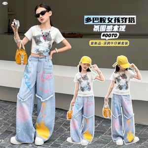 Bé Gái Phiên Bản Hàn Quốc Graffiti Jeans Mùa Hè Phong Cách Mới Trẻ Em Thời Trang Quần Thẳng Mỏng