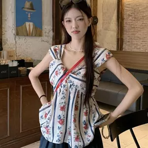 Áo sơ mi hoa cổ điển kiểu Pháp dành cho nữ Thiết kế mùa hè Thắt nút áo sơ mi em bé dáng rộng tay bay nhỏ