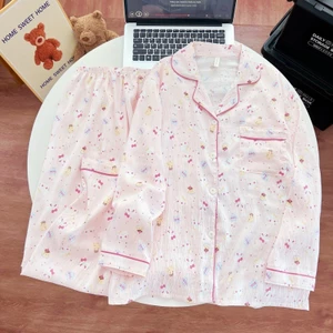Bộ Đồ Ngủ Ngoại Thương Hai Lô Nữ Xuân Thu Áo Cardigan Cổ Ve Áo Cotton Dáng Rộng Bộ Đồ Mặc Nhà Ngọt Ngào