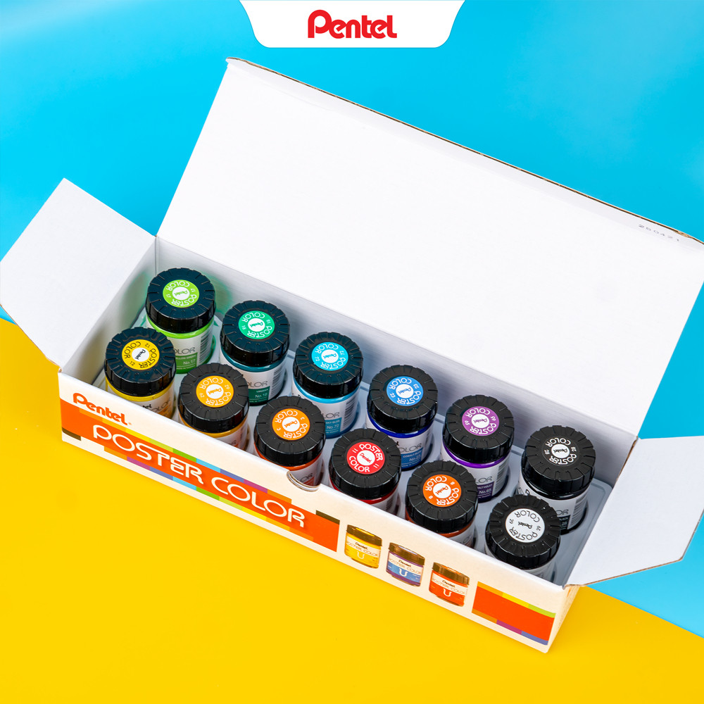 Bộ 12 màu Poster Pentel 30ml màu bột pha sẵn lên màu chuẩn vẽ được trên đa chất liệu
