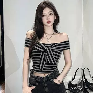 Áo thun ngắn tay sọc màu xám phong cách Hot Girl Summer Slim @