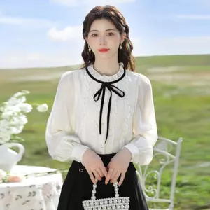 Áo sơ mi voan cổ đứng bằng lông cừu phong cách mới Áo sơ mi viền nấm Thiết kế thời trang đẹp Áo sơ mi nhỏ