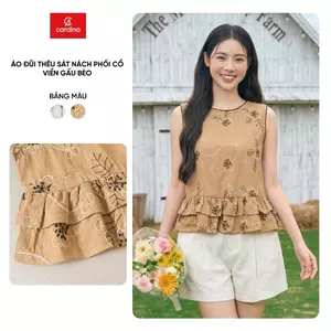 Áo kiểu nữ CARDINA chất liệu đũi thêu sát nách phối cổ viền gấu bèo 6AKS05