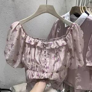 Áo sơ mi xương đòn xếp li xù nữ mùa hè tay phồng một vai thời trang áo hoa
