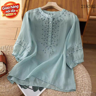 Giao hàng nội địa từ Việt Nam Mỏng Phong Cách Cổ Tròn Áo Sơ Mi Thêu Nữ Rời Nút - Perfect Cho Mùa Hè