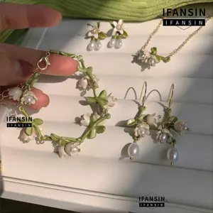 Bộ trang sức IFASIN Lily of The Valley, Vòng tay hoa lan trắng xanh, Quà tặng vòng cổ hoa tua rua