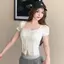 Áo thun ngắn tay xương cá ren cổ vuông phong cách Pháp dành cho nữ mùa hè thuần khiết khao khát eo hẹp thon gọn hơn Thiết kế ngắn gọn xẻ tà Hot Girl Top
