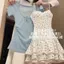 Áo sơ mi ngắn tay tươi mát phong cách Hàn Quốc Top Slimer Look Sling Váy xếp ly hoa nữ nhỏ