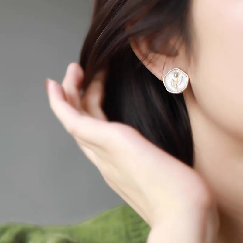 Bạc Kim Dầu Thả Ngọc Trai Hoa Nhựa Bông Tai Thời Trang Ngọt Ngào Phụ Kiện Cho Nữ