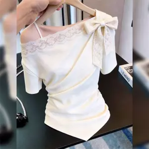 Áo thun ngắn tay khâu ren kiểu Pháp Áo thun ngắn tay cổ áo kiểu dáng nữ dáng ôm hơn Niche Fashion Commuter All-Match Top