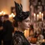 DONOVANQQ Halloween Mũ Phù Thủy, Gấp Satins Retro Veil Mũ Phù Thủy, Thiết Kế Lông Vũ Sáng Tạo Cosplay Đạo Cụ Ảnh Đen Mũ Phù Thủy Trang Phục