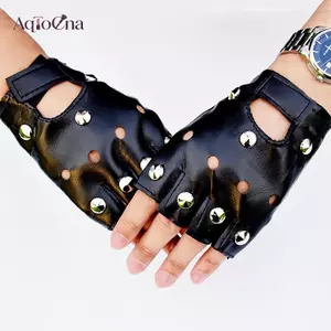 AqToCna Unisex Ngón Lái Xe Da PU Găng Tay Động Cơ Thoáng Mát Đinh Tán Disco Dance Ro AqToCna