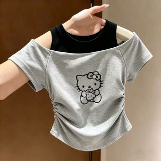 Áo thun bé gái lệch vai giả 2 lớp mùa hè - áo nhún eo in hình dễ thương phong cách Hàn Quốc