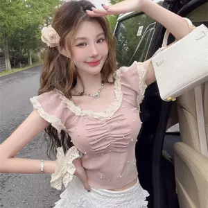 Mùa hè Phong cách mới Thiết kế tươi mới Ren Niche Áo len ngắn tay ngọt ngào Slim-Fit ngắn phong cách Hàn Quốc hàng đầu