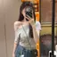 Áo len ngắn tay vai xiên rỗng màu xám phong cách mới Phong cách Hàn Quốc Siêu đẹp A