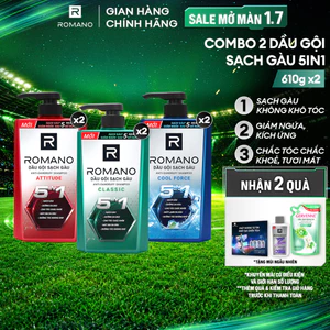 Combo 2 Dầu gội nam sạch gàu 5in1 Romano hương nước hoa Classic/ Force/ Attitude 610g