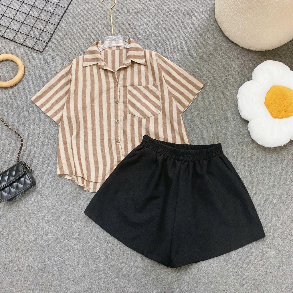Set Bigsize Cô Nhỏ Nữ Áo Sơ Mi Lenin Kẻ Sọc Tay Ngắn & Quần Short Form Rộng Năng Động Mát Nhẹ - A288+Q500