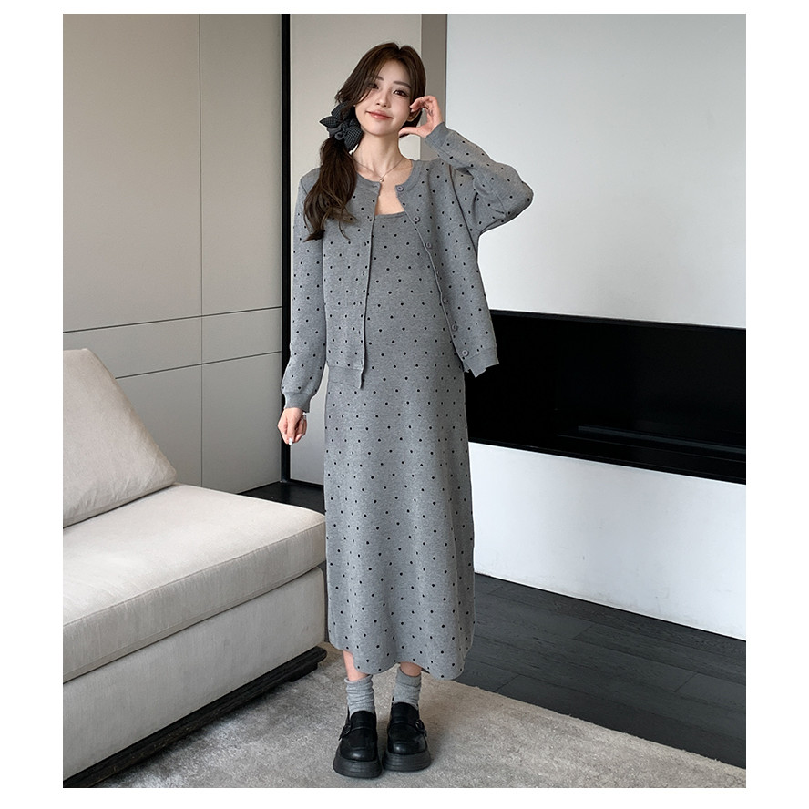 Bộ đồ bà bầu hai mảnh mùa thu, phong cách lười biếng và thời trang Hàn Quốc, váy dệt kim tiện lợi.