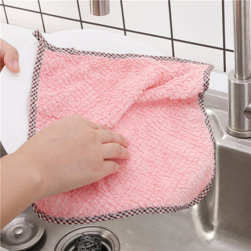 ((Màu ngẫu nhiên) 10 chiếc Khăn lau hai mặt có thể treo được bằng lông cừu san hô họa tiết dứa nhà bếp Khăn tay thấm hút không xơ vải màu trơn