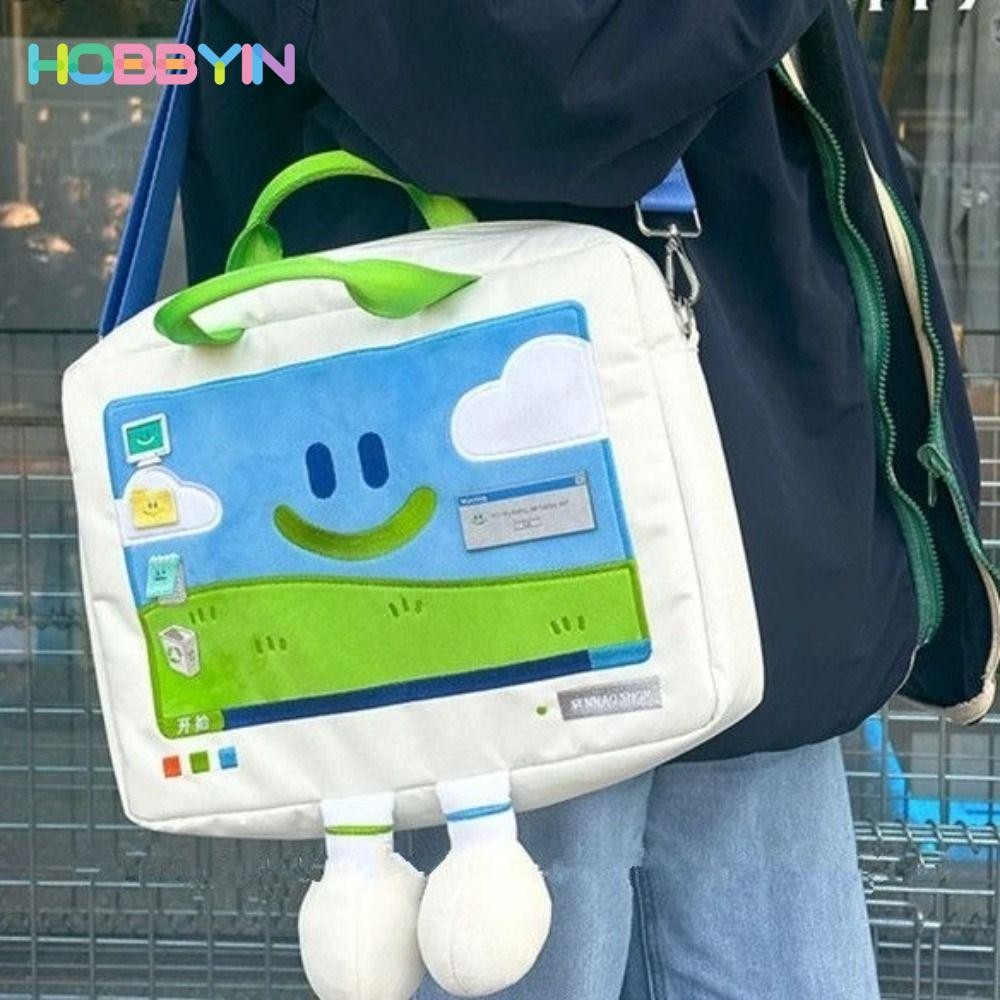 Túi đeo vai HOBBYIN, Túi đựng Laptop thêu mặt cười ngộ nghĩnh, Túi đa năng hoạt hình dung tích lớn bền bỉ dành cho học sinh phù hợp