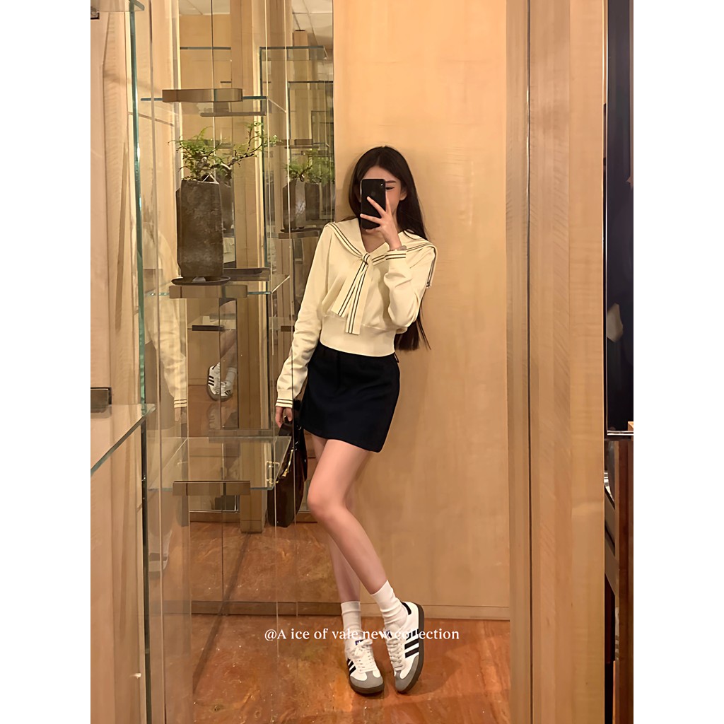 Áo Len Cổ Hải Quân Nữ - Phong Cách Hàn Quốc Preppy Spring/Autumn, Slim-Fit Ôm Eo
