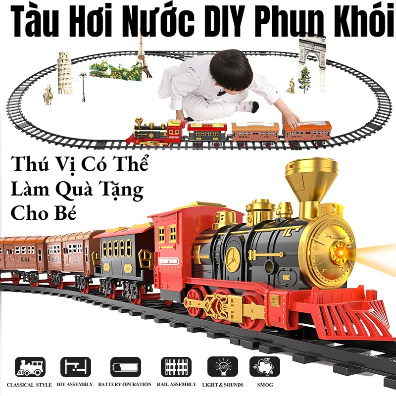 Tàu Hơi Nước DIY Phun Khói,Đồ Chơi Mô Hình Tàu Hỏa Cổ điển Chạy Trên đường Ray,Thú Vị Có Thể Làm Quà Tặng Cho Bé