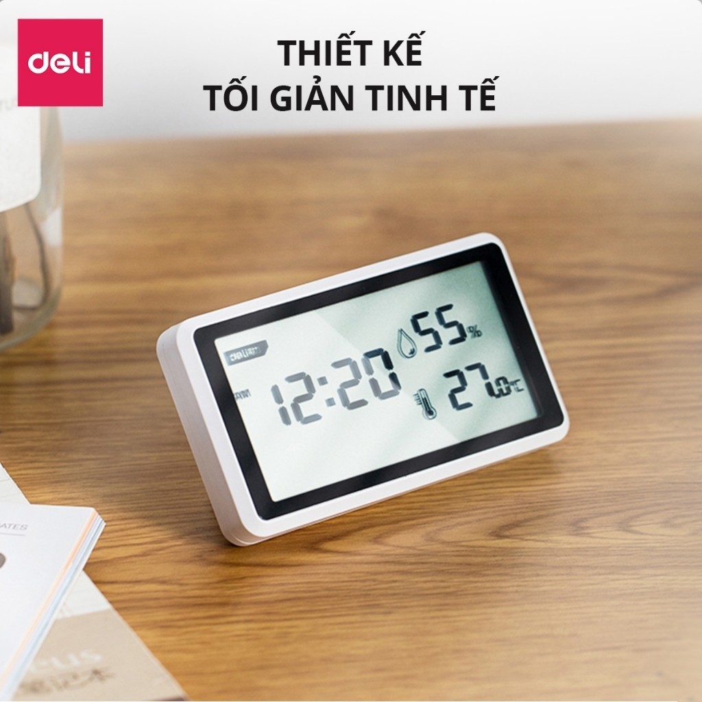 Nhiệt Ẩm Kế Điện Tử Tích Hợp Đồng Hồ Báo Thức Chính Hãng DELI