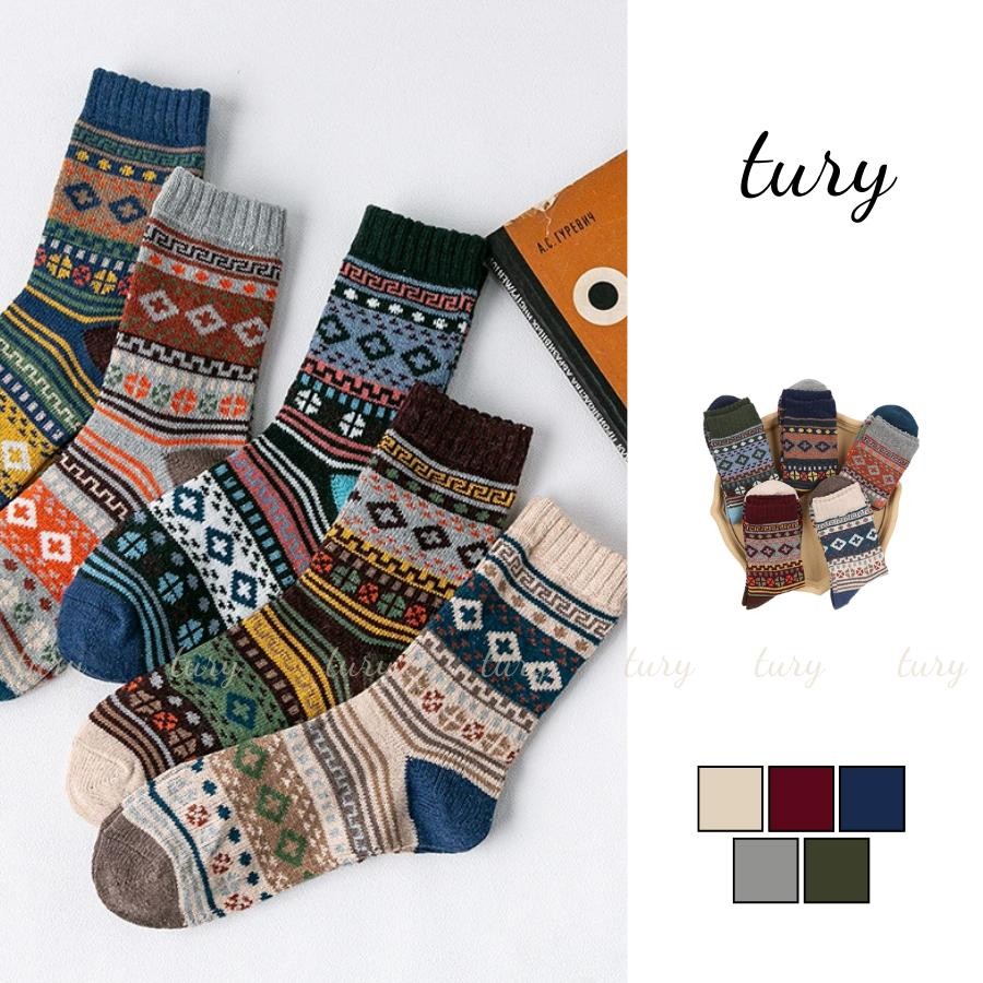 Tất Vớ Unisex Nam Nữ - Tury - Vớ Tất Len Nam Nữ Cổ Cao Retro Họa Tiết Thổ Cẩm - TV013