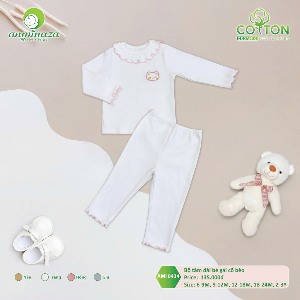 Bộ Dài Tay Thu Đông Bé Gái Anminaza Vải Tăm Ấm Áp Cổ Bèo - Hàng Chính Hãng AMI0434