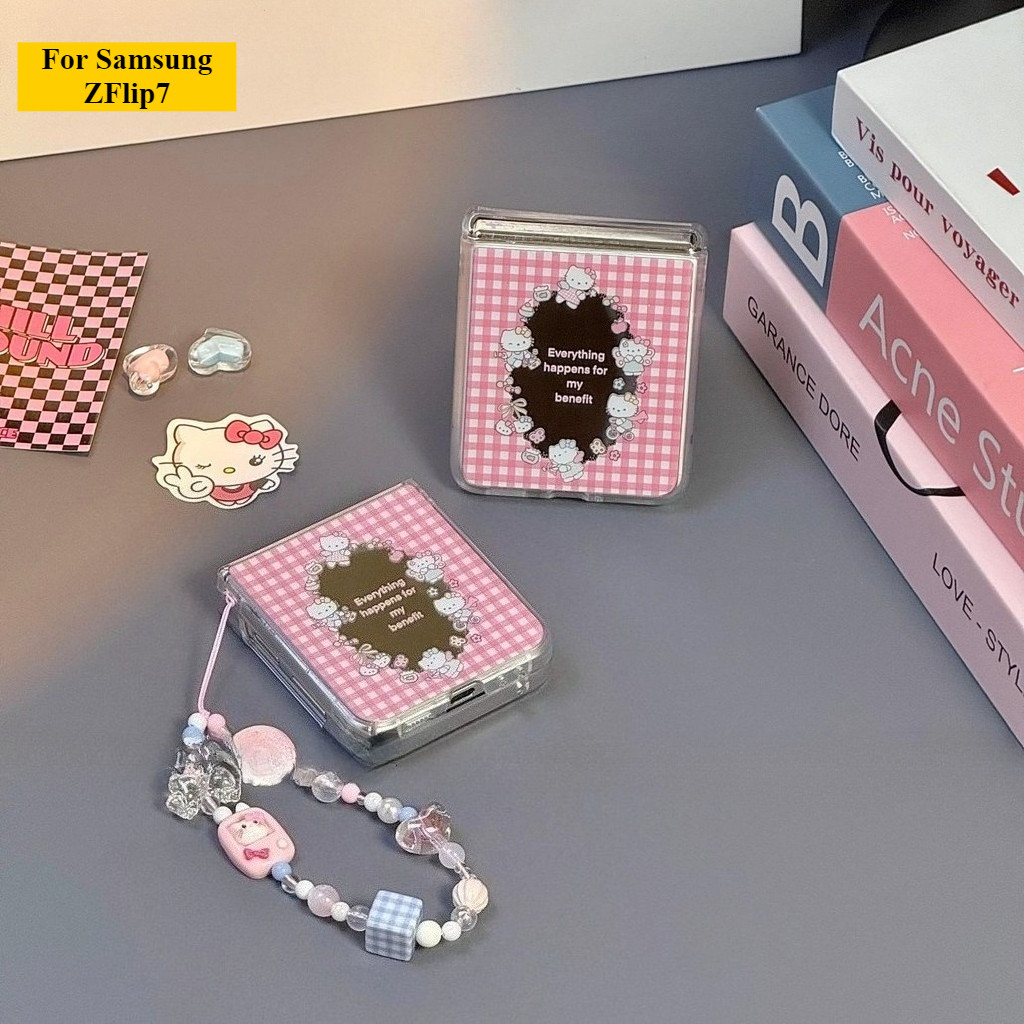 Gương Màu Hồng Checkered Kitty Vòng Tay Thích Hợp Cho Samsung Galaxy Zflip7 Vỏ Điện Thoại Hoạt Hình Dễ Thương Dây Gấp Vỏ Cho ZFlip 7 6 5 4 5G N3flip Mixflip Vỏ Bảo Vệ