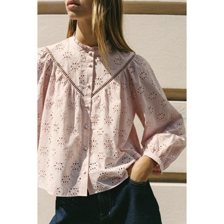 Áo Sơ mi Zara made in Morocco thêu đột rỗng cổ tròn bèo màu nhẹ nhàng