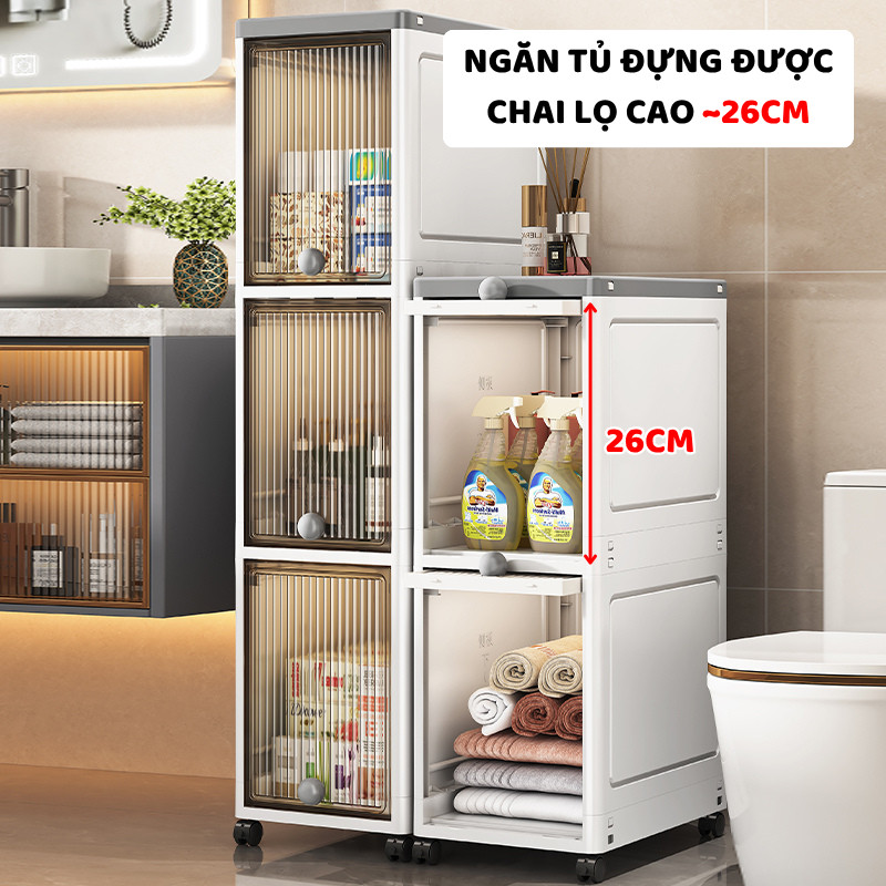 Tủ Nhựa Gấp Gọn Phòng Tắm ENODA HOME, Tủ Cửa Lật Trong Suốt Đựng Đồ Đa Năng Có Bánh Xe Di Chuyển Tiện Lợi TUN003
