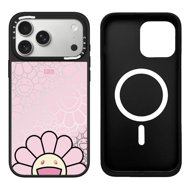 TAKASHI MURAKAMI x CASECASE: FLOWERS BLOOM SMILE (HỒNG) Gương đen & bạc Vỏ iPhone hút từ tính cho iPhone 17 Air 16 15 14 13 12 Pro Max Plus logo khắc