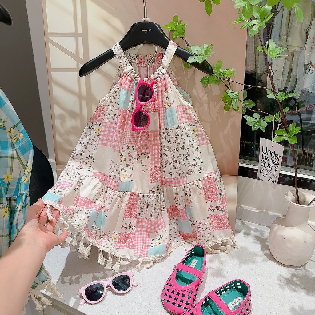 Đầm lụa Cotton hoa cho bé gái mùa hè mỏng phù hợp với váy đi biển 80-160 Size RN6A