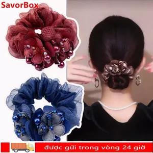 Dây buộc tóc co giãn SAVORBOX, Dây buộc tóc hoa hai lớp ren, Dây buộc tóc lưới kim cương giả thời trang Tiệc sử dụng hàng ngày