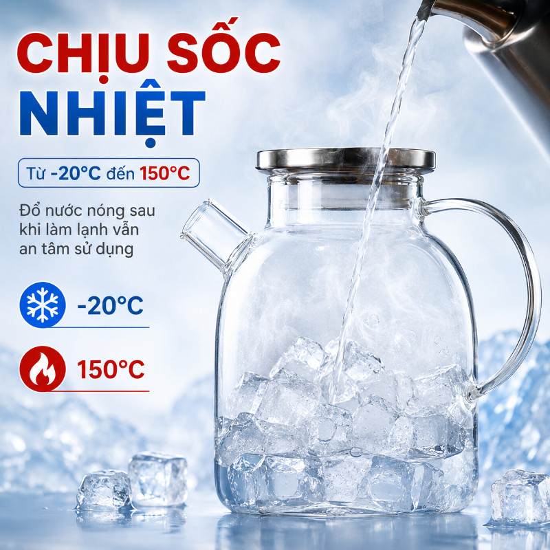 Bình Thủy Tinh Borosilicate - Nắp Inox 304, Chịu Nhiệt, Dung Tích 1000-1800ml, Uống Nước An Toàn & Lành Mạnh