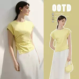 Áo thun ngắn tay cổ tròn màu trơn phong cách Hàn Quốc có dây rút phiên bản khe hẹp mùa hè
