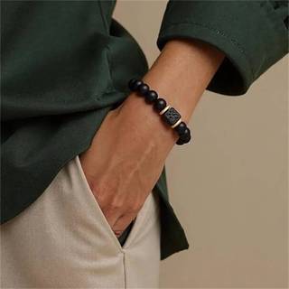 [Ktp] Vòng đeo tay hạt đá nham thạch mã não đen 8mm có thể điều chỉnh đàn hồi cho nam trang sức quyến rũ