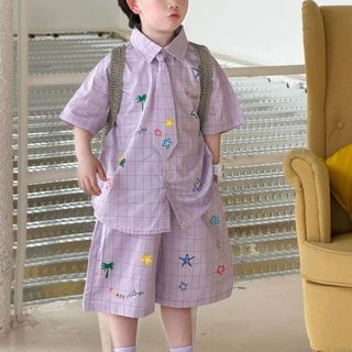 Bộ đồ bé trai caro mùa hè - Áo sơ mi tay ngắn phối quần short thêu họa tiết phong cách Hàn