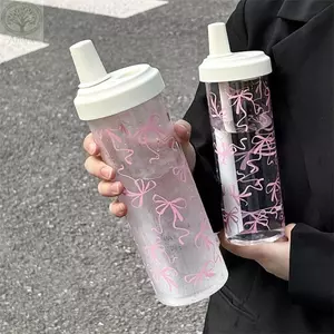 Cốc Rơm AMLU, Bình Nước Nơ Dung Tích Lớn, Đồ Uống 500ml Cốc Nhựa Có Nắp Ống Hút Sữa