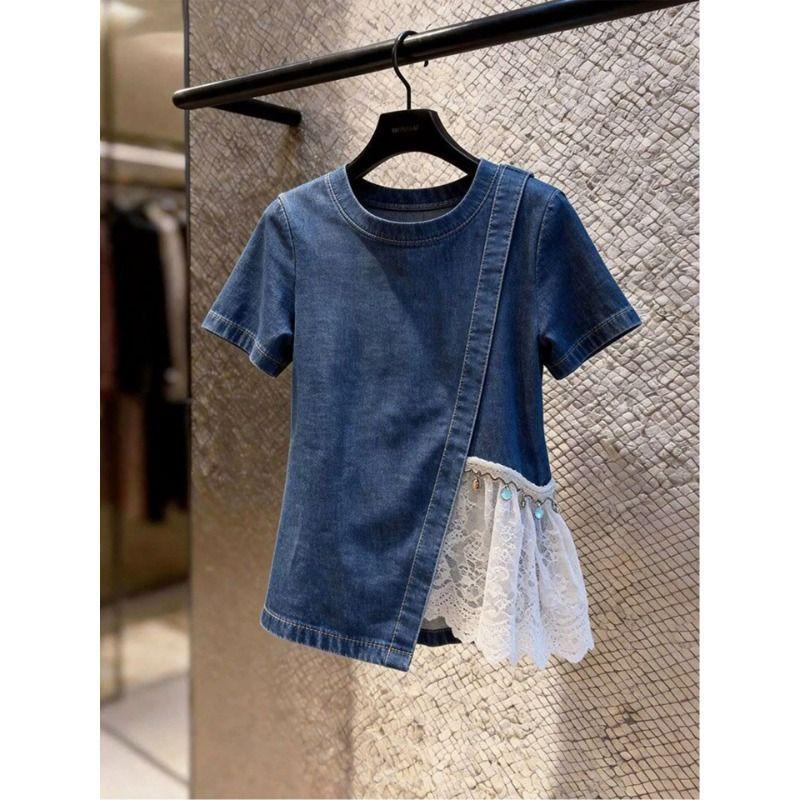 [Khuyến mãi trong thời gian có hạn] Áo ngắn tay Denim thiết kế phong cách mới mùa hè, khâu ren xẻ áo sơ mi nhỏ Xu hướng thời trang bên trong